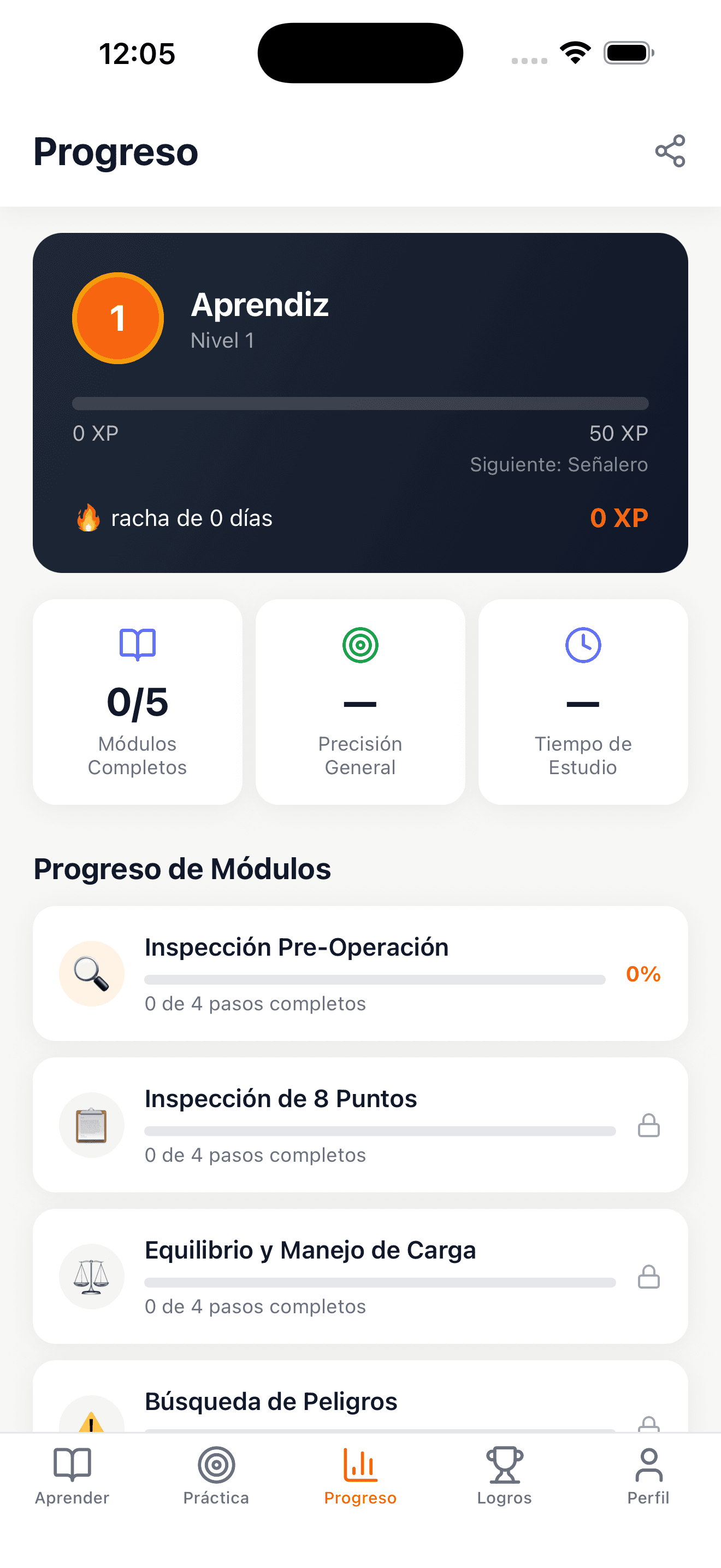 Panel de progreso de la app Forklift Certified mostrando preparación del certificado